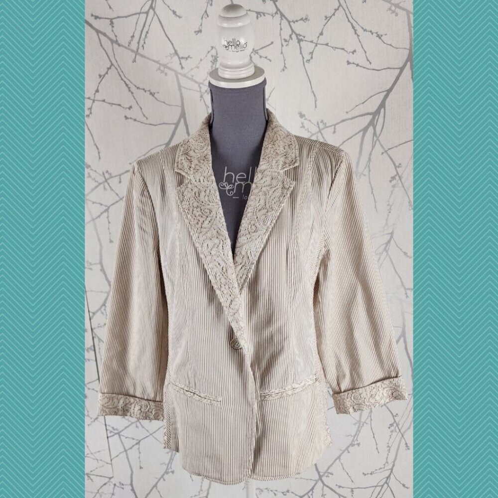 Chico's Beige Pinstripe Lace Detail Single Button Blazer